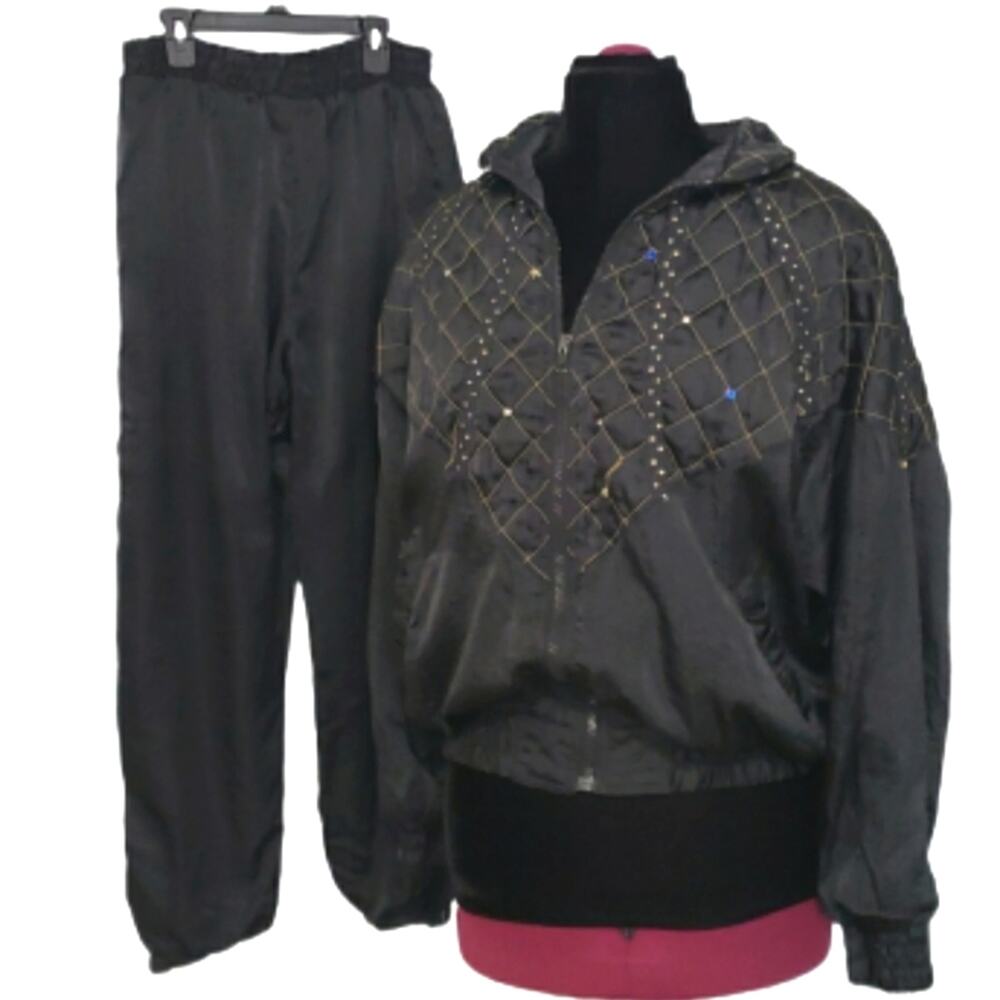 Vintage Wind Suit Tracksuit Lined Quilted Rhinestone Zipper Cuff Large Y2K